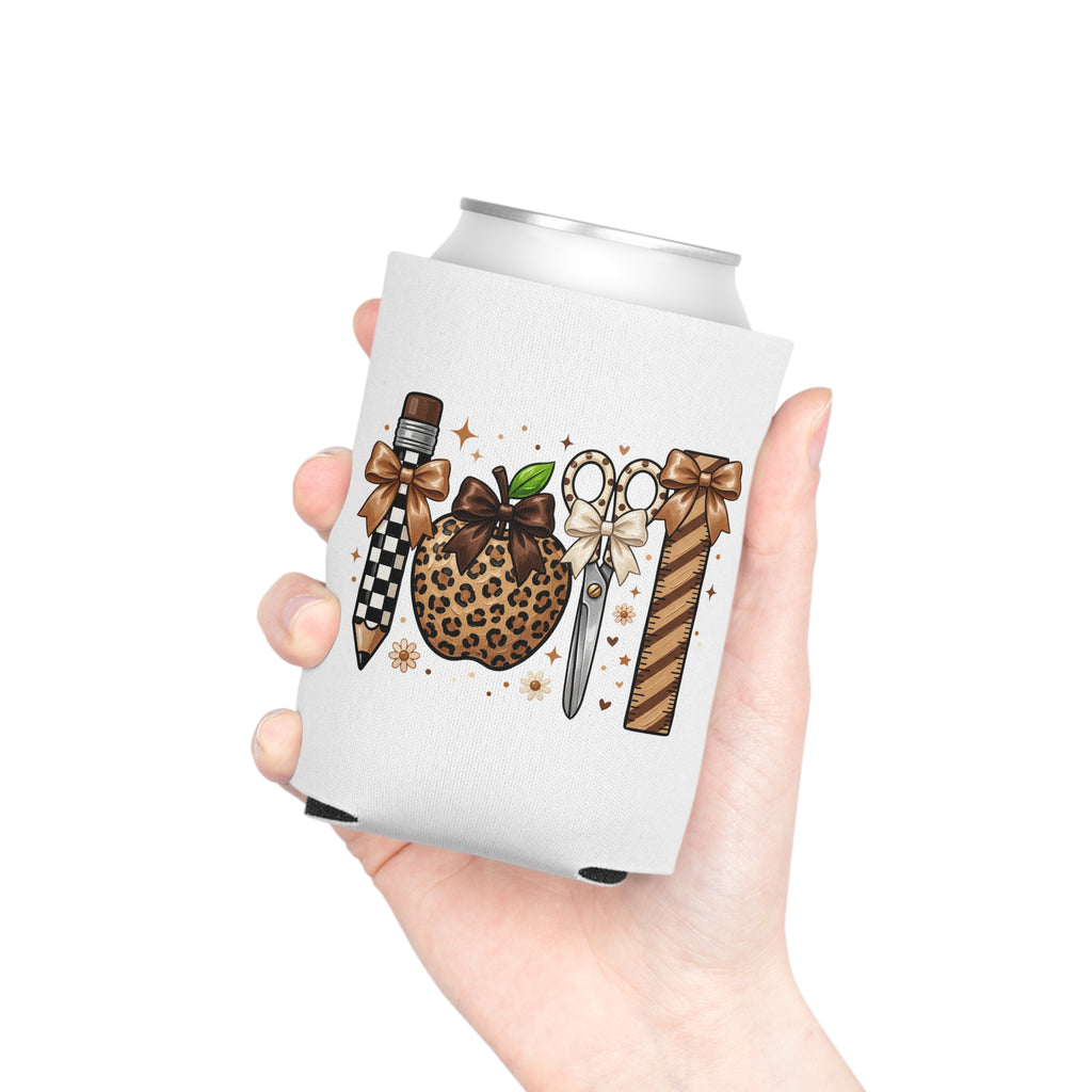 Leopard Print Craft Tools Can Cooler – Cute Scissors, Pencil & Ruler Beverage Cooler