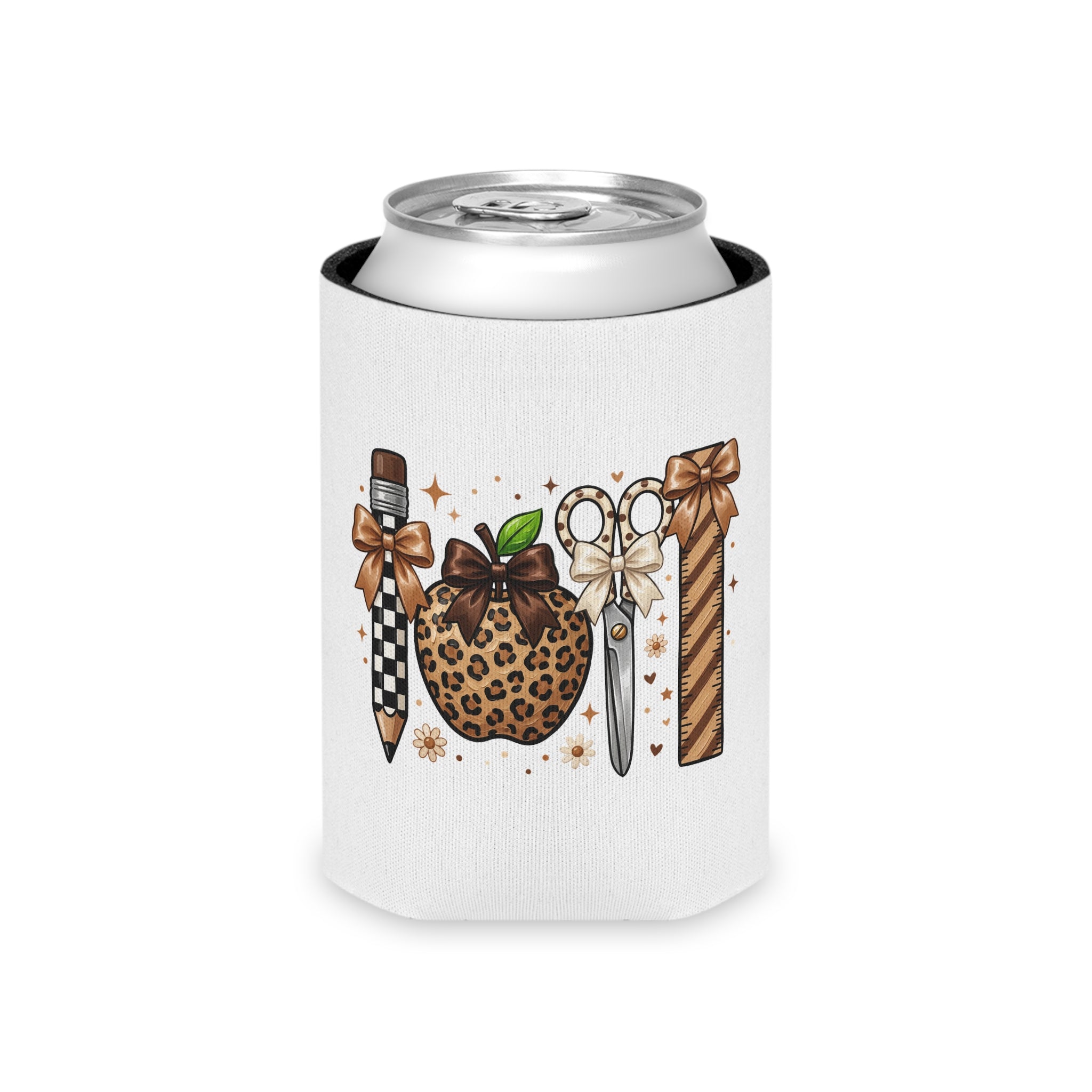 Leopard Print Craft Tools Can Cooler – Cute Scissors, Pencil & Ruler Beverage Cooler