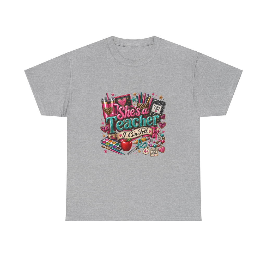 Teacher Appreciation T-Shirt - "She's a Teacher I Can Tell" Colorful School Supplies Design