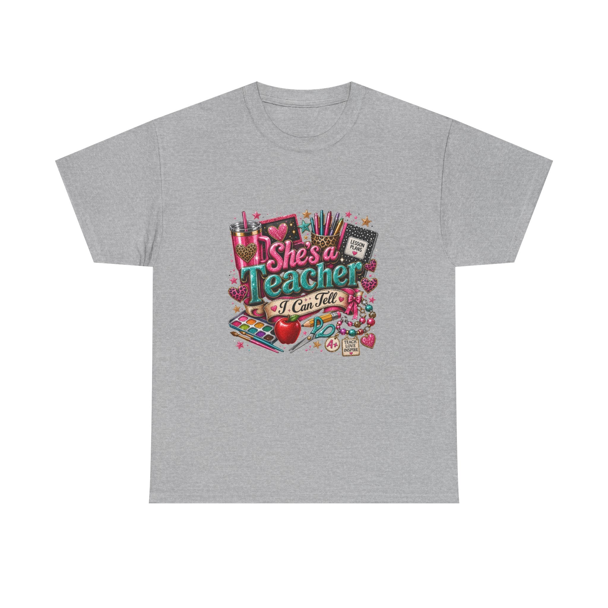 Teacher Appreciation T-Shirt - "She's a Teacher I Can Tell" Colorful School Supplies Design