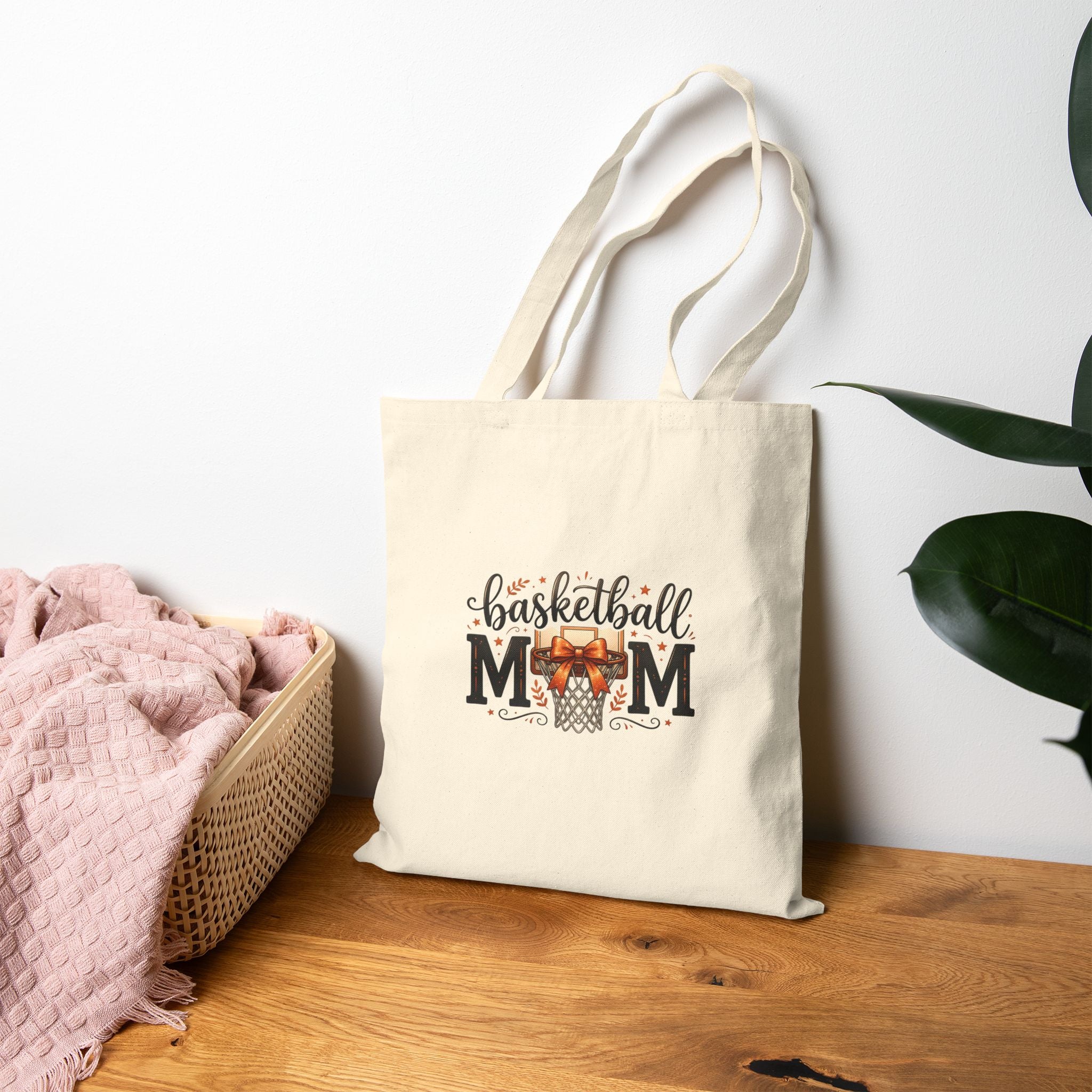 Basketball Mom Canvas Tote Bag – Sports Mom Gift with Hoop & Bow Design