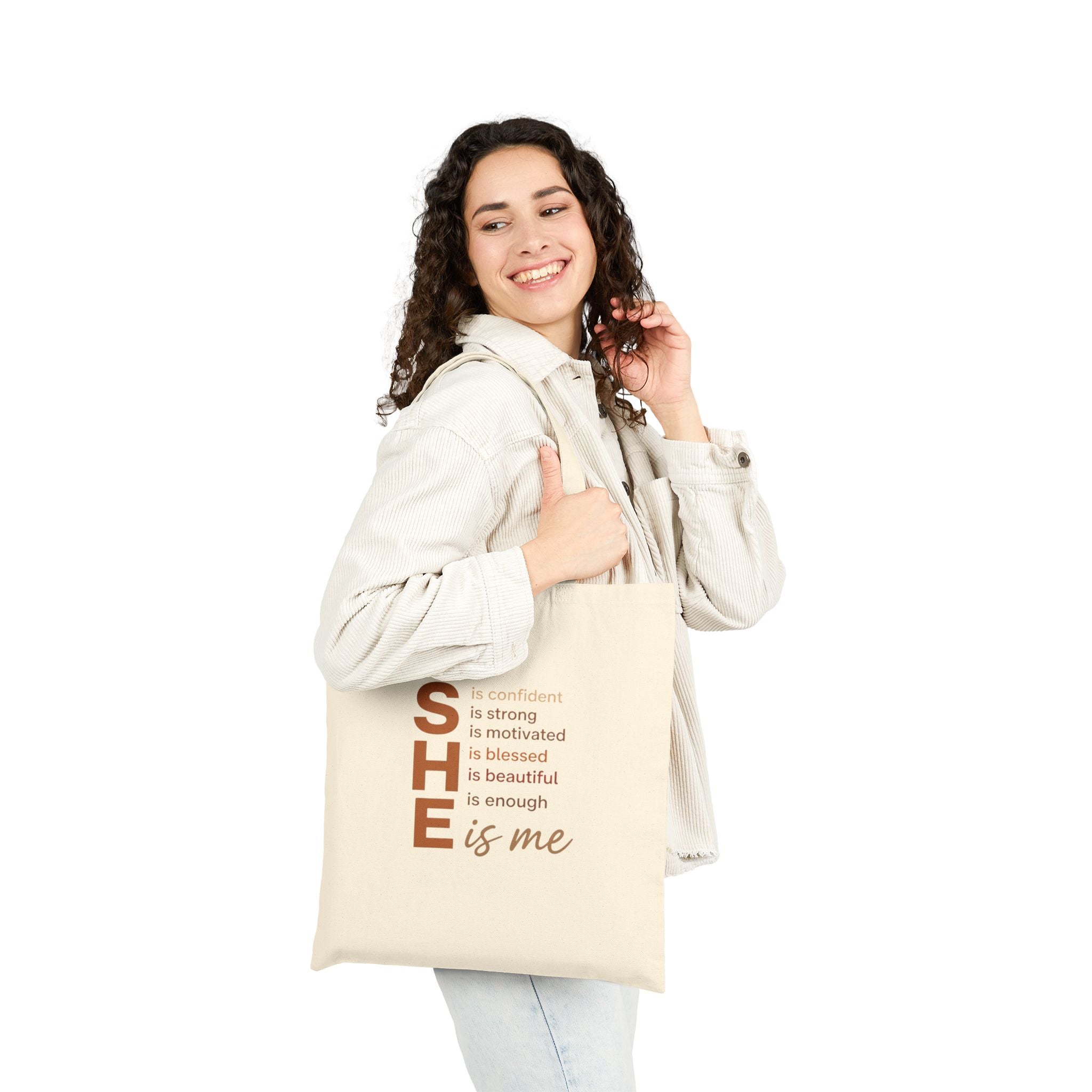 Empowering "SHE is me" Canvas Tote — Inspirational Women's Tote Bag